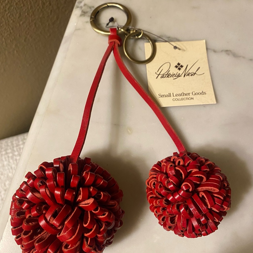 Patricia Nash Red Leather Double Pom-Pom Keychain with Gold Ring Rosewood